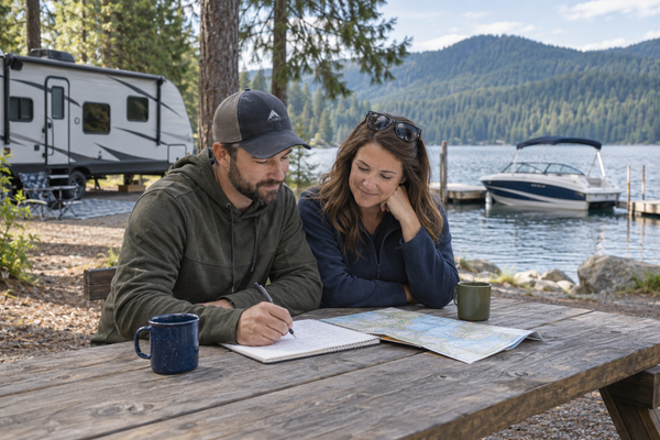 A couple reviewing a notebook and map at a lakeside picnic table, with a travel trailer and boat nearby.