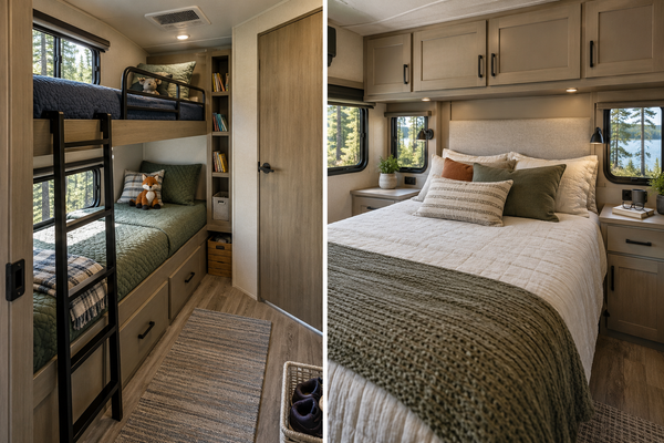 Side-by-side RV interiors showing stacked bunk beds with storage and a couples’ bedroom with a queen bed and bedside tables.