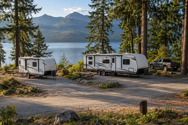 Compact and longer travel trailers parked in neighboring lakeside campsites, with picnic tables, a pickup, and a campground access road visible.