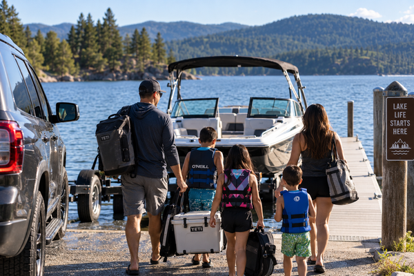 Family carrying boating gear and life jackets to their boat at a mountain lake.
