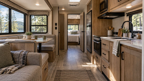 Travel trailer interior showing a sofa, dinette, kitchen, and central walkway leading to a separate bedroom.