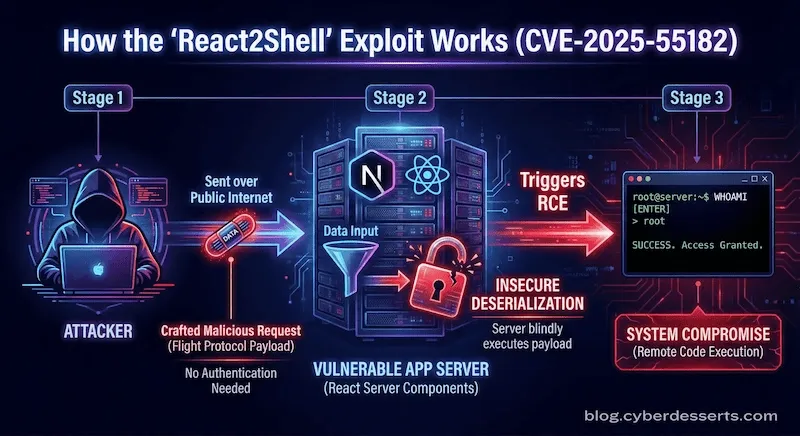 Diagram of the React2Shell exploit flow showing how malformed Flight protocol payloads lead to Remote Code Execution