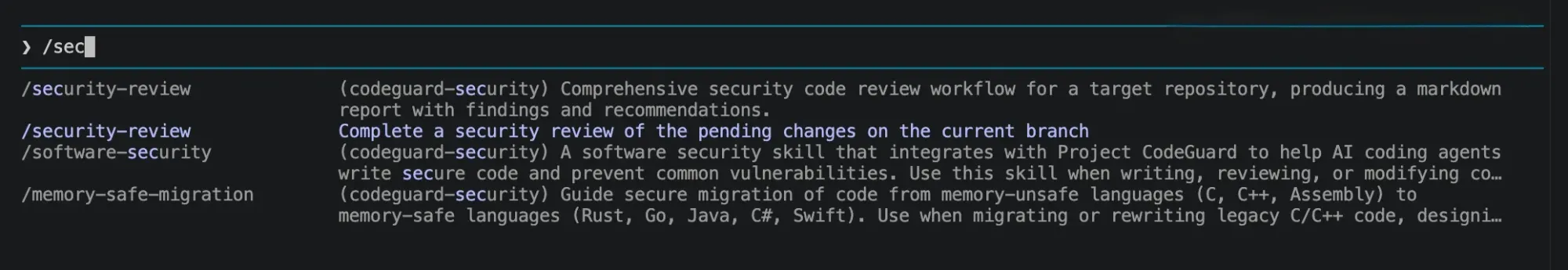 Claude Code command picker showing two entries named /security-review, the CodeGuard skill and the built-in command, sharing the same name.