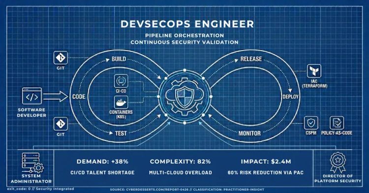 2026 DevSecOps lifecycle blueprint showing Code, Build, Test, Release, and Deploy. Features Git, Kubernetes, Terraform, and Policy-as-Code. Displays +38% vacancy growth and $2.4M impact stats