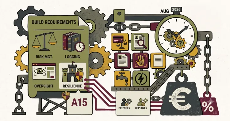 The EU AI Act as an engineering machine: build requirements, high-risk use case tiles, provider and deployer roles, an August 2026 deadline, and euro penalty weights.