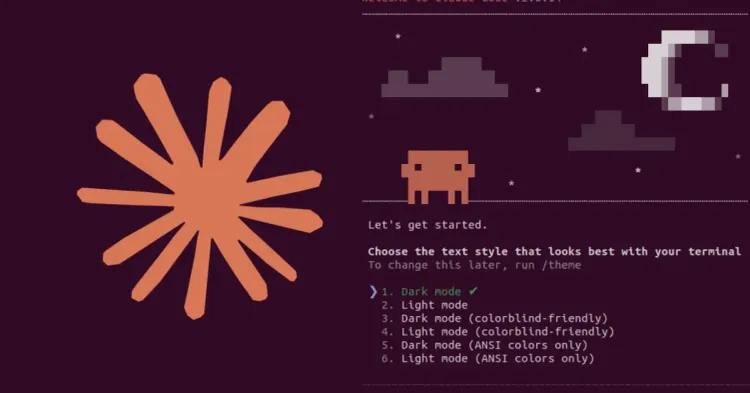 Claude Code welcome screen with its pixel-art night scene and the terminal theme selection menu.