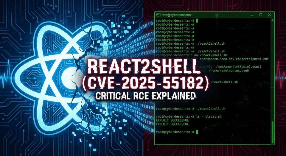 React2Shell vulnerability concept showing React Server Components leaking into a remote shell execution (CVE-2025-55182)