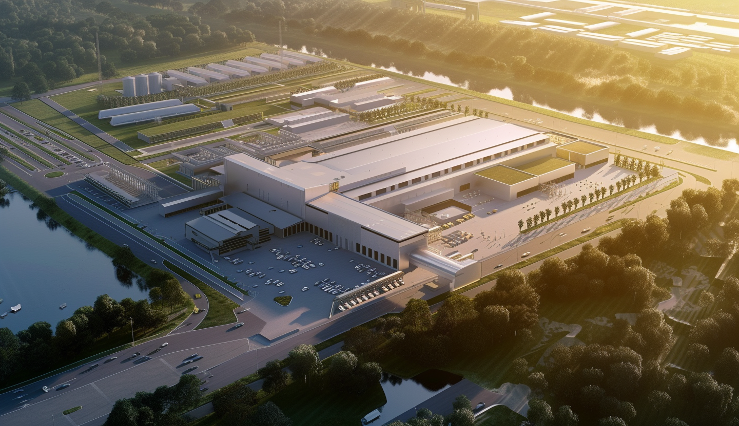 "Aerial view of a sprawling industrial complex with multiple warehouses and parking lots during sunset, reflecting sustainable architecture