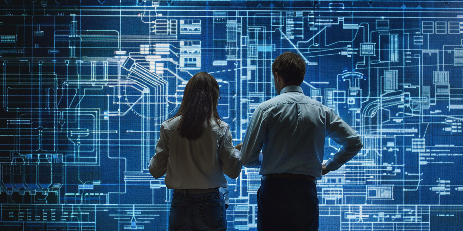 Two engineers analyze a large digital blueprint display filled with glowing blue circuit diagrams and technical schematics, representing data center or network infrastructure planning.
