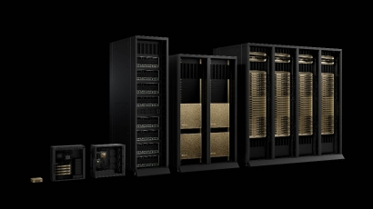 Lineup of NVIDIA DGX systems, from compact DGX Spark units to large-scale data center racks, all in black and gold design on a black background.