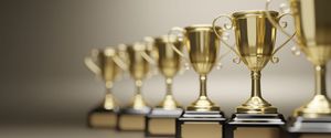 A row of golden trophies lined up on a reflective surface with a soft, blurred background.