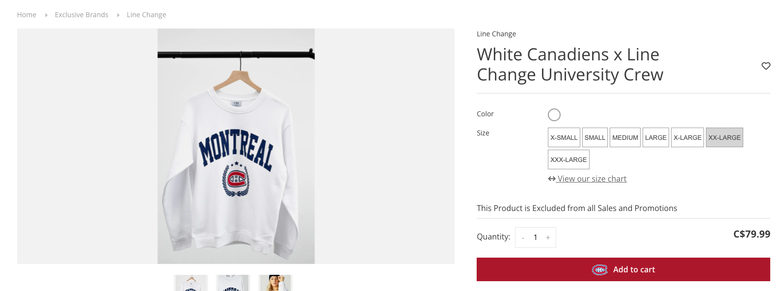 Image of a Montreal Canadiens "University" style crewneck sweatshirt, retailing for 79.99 CAD with sizes XSmall through XXX Large