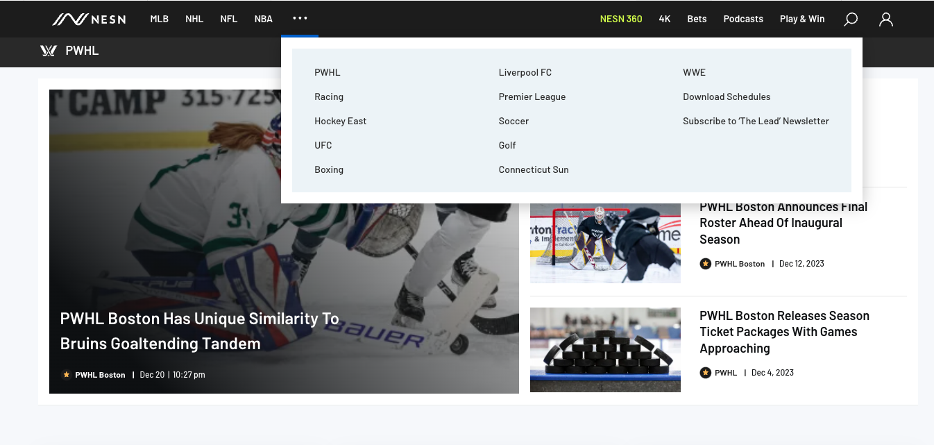 Screenshot of the NESN website showing the PWHL page, with the top menu expanded to show the PWHL at the top of the expanded menu (beneath only MLB, NHL, NFL, and NBA).