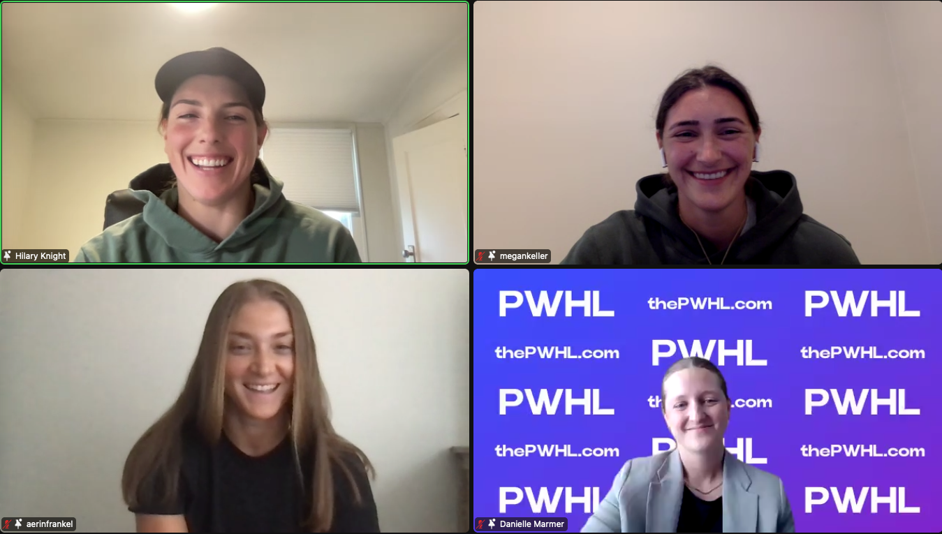 Hilary Knight, Megan Keller, Aerin Frankel, and Danielle Marmer appear via Zoom at the PWHL Boston media conference on Sept