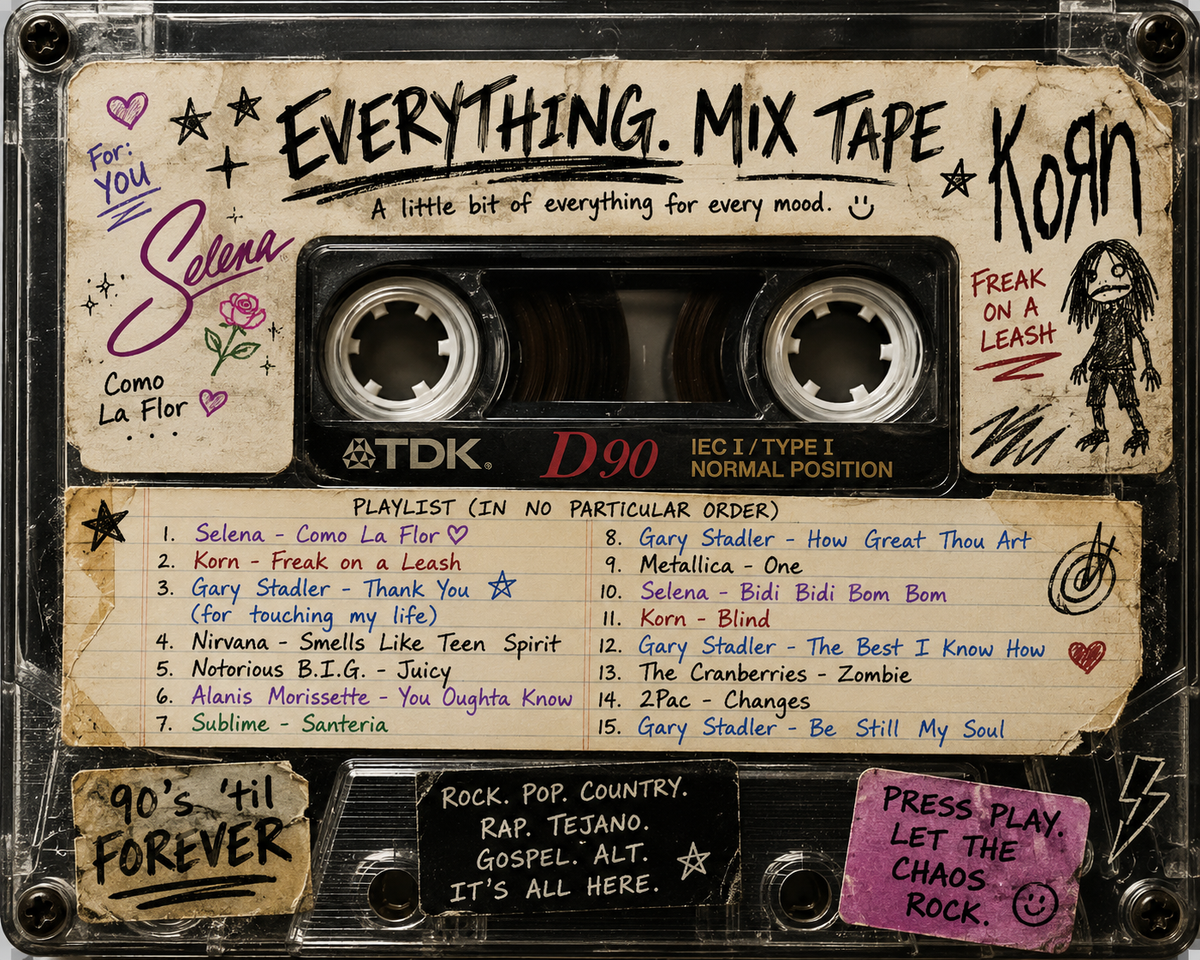 music cassette tape with hand-scrawled artists and playlists on it.  Everything from Rock pop country rap tejano music is listed along with scribbled icons.  
