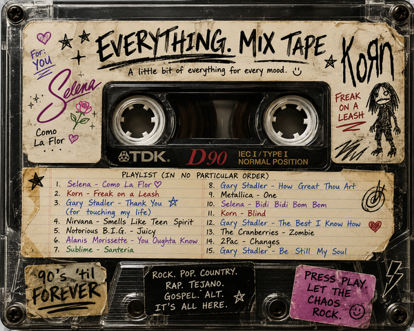 music cassette tape with hand-scrawled artists and playlists on it.  Everything from Rock pop country rap tejano music is listed along with scribbled icons.  