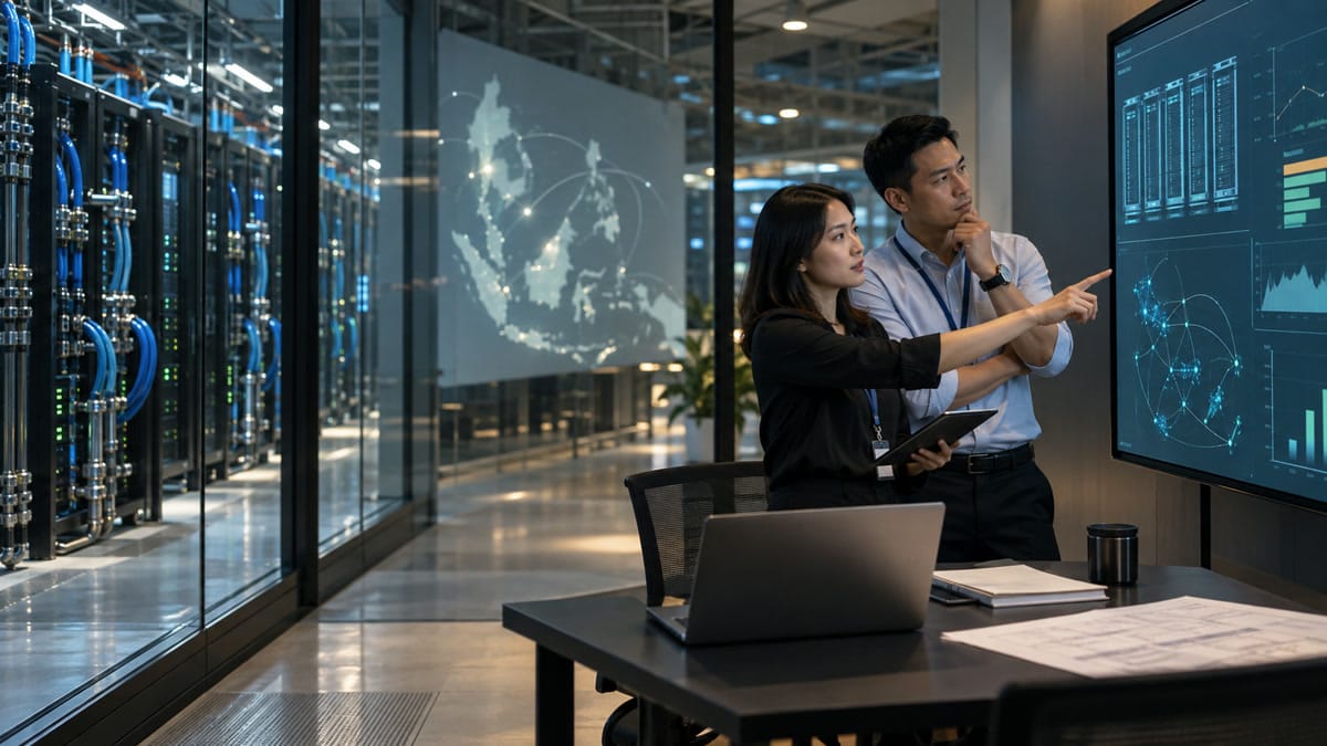 Two infrastructure planners review a capacity dashboard beside liquid-cooled server racks and an abstract Southeast Asia network map.