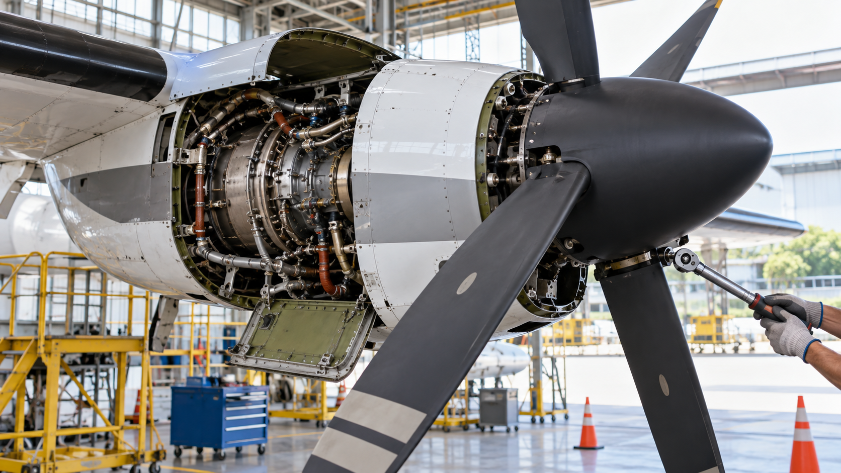 Illustrative scene created for Southeast Asia Connect: a turboprop engine undergoes maintenance in an unbranded aviation hangar.