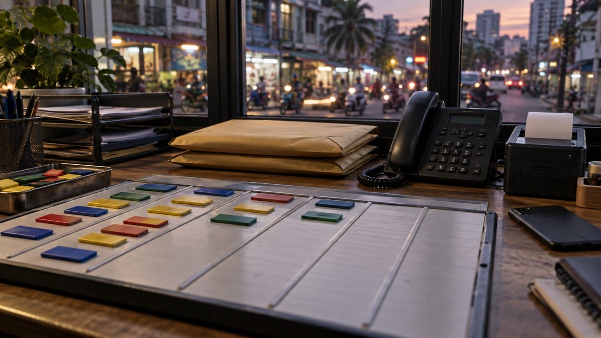 A non-readable corridor-routing board, sealed exception envelopes and operations equipment sit beside a tropical Southeast Asian streetscape at dusk.