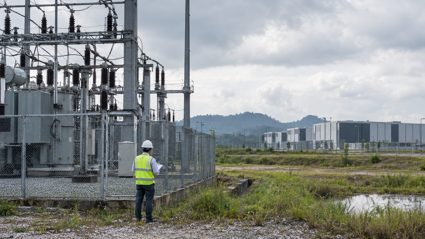 Illustrative scene created for SEA Connect: engineer inspecting power equipment at a generic industrial site.