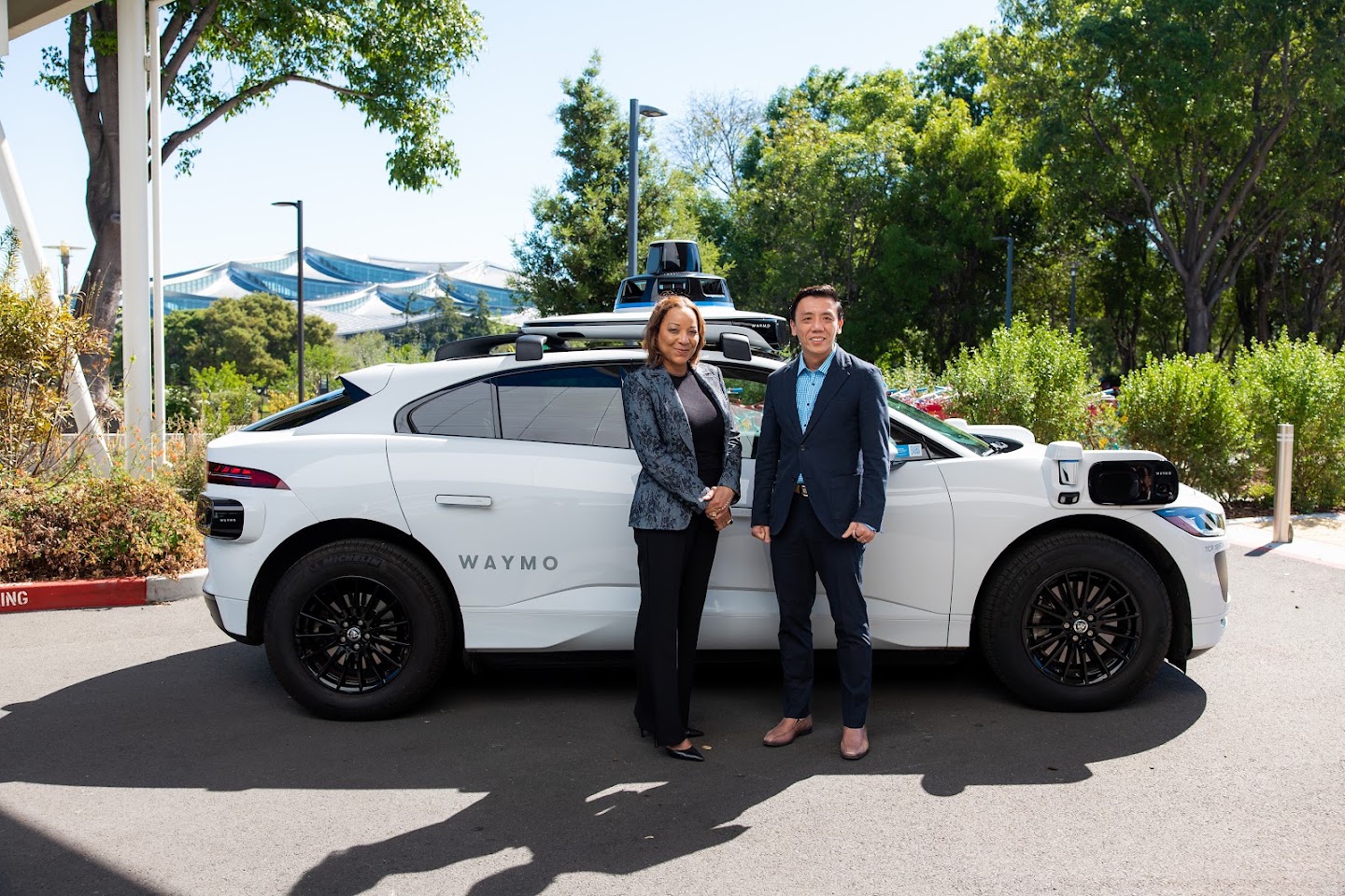 Waymo co-CEO Tekedra Mawakana and Singapore Minister for Transport Jeffrey Siow in the San Francisco Bay Area.