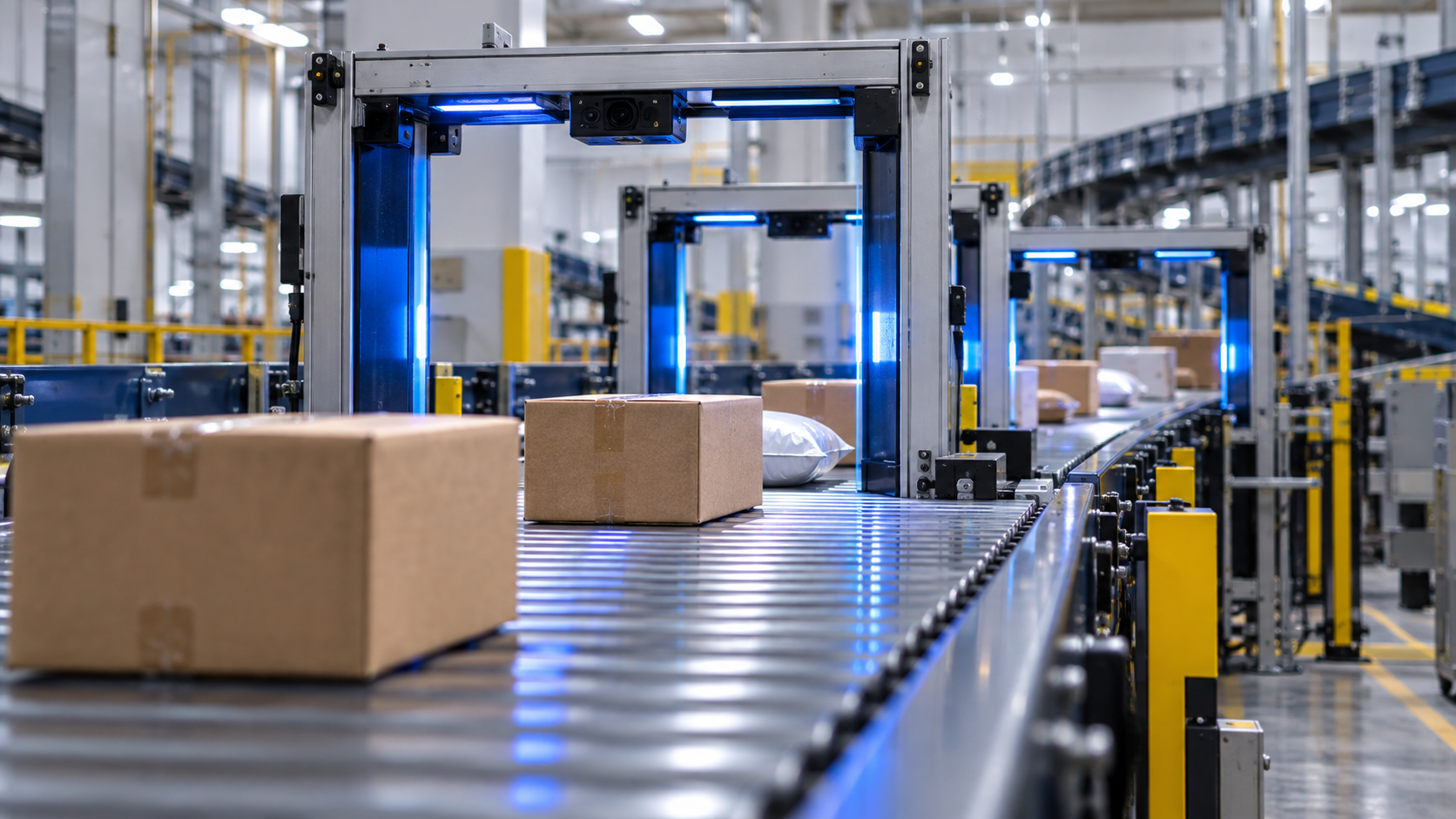 Illustrative scene created for Southeast Asia Connect: unbranded parcels move through optical scanning gates on a logistics conveyor.