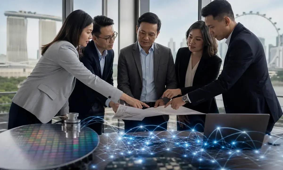 Vietnamese and Singaporean technology leaders review a shared innovation roadmap with semiconductor and digital-network tools in Singapore.
