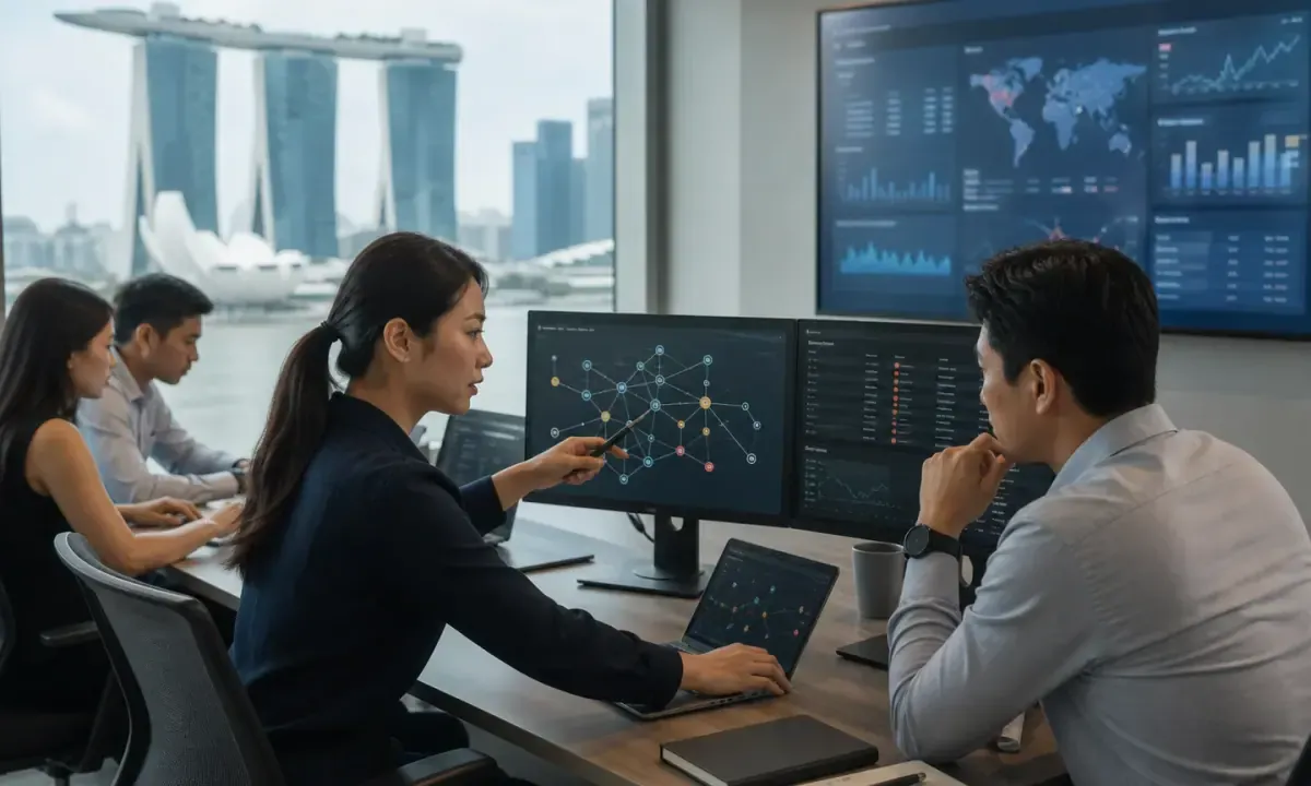 A non-documentary editorial illustration of an enterprise team reviewing artificial-intelligence systems in Singapore.