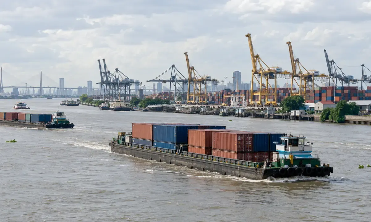 Container barges pass a generic riverside cargo terminal in a Bangkok logistics corridor.