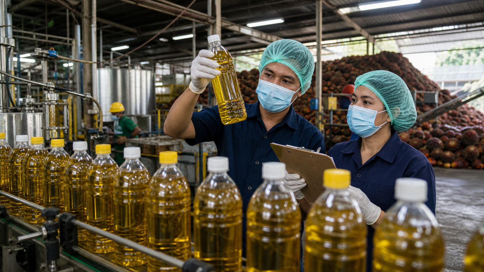 Workers inspect unbranded cooking-oil bottles at an Indonesian palm-oil processing facility.
