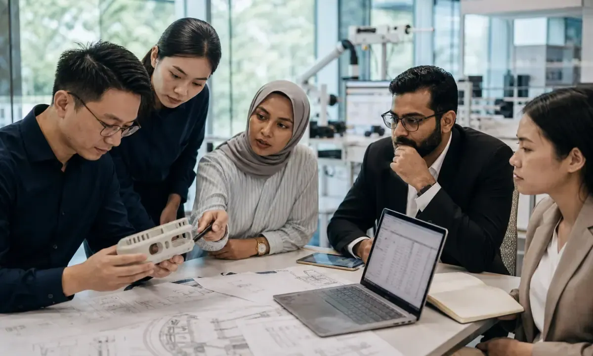 ASEAN inventors, legal specialists and investors examine a technology prototype and valuation materials in a Singapore innovation lab.