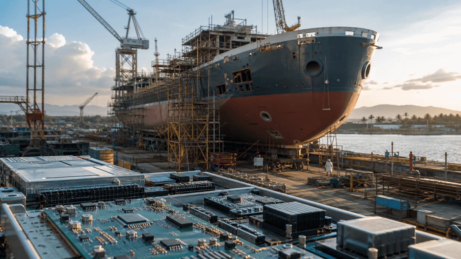 Editorial illustration of semiconductor components in front of a ship under construction at a tropical shipyard.