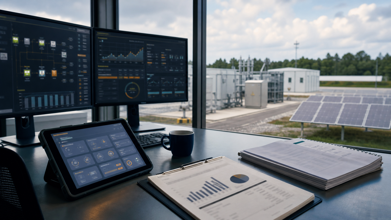 Climate technology operations desk overlooking solar and energy equipment with reports and blurred dashboard screens.