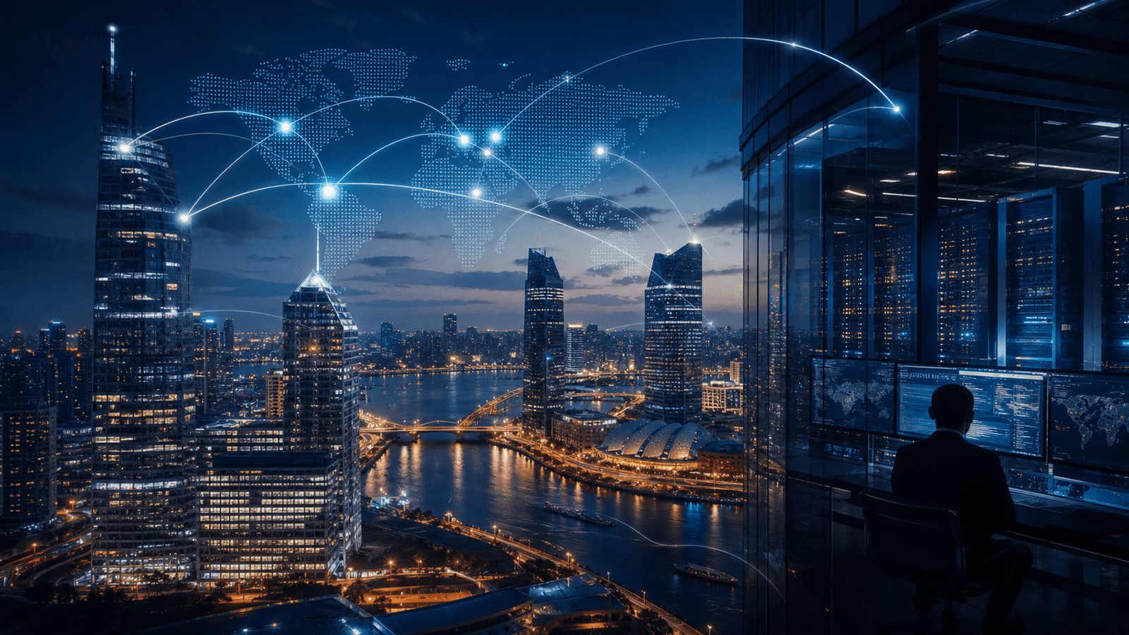 Nighttime banking skyline with secure cross-border payment routes and a regulated digital-finance operations environment.