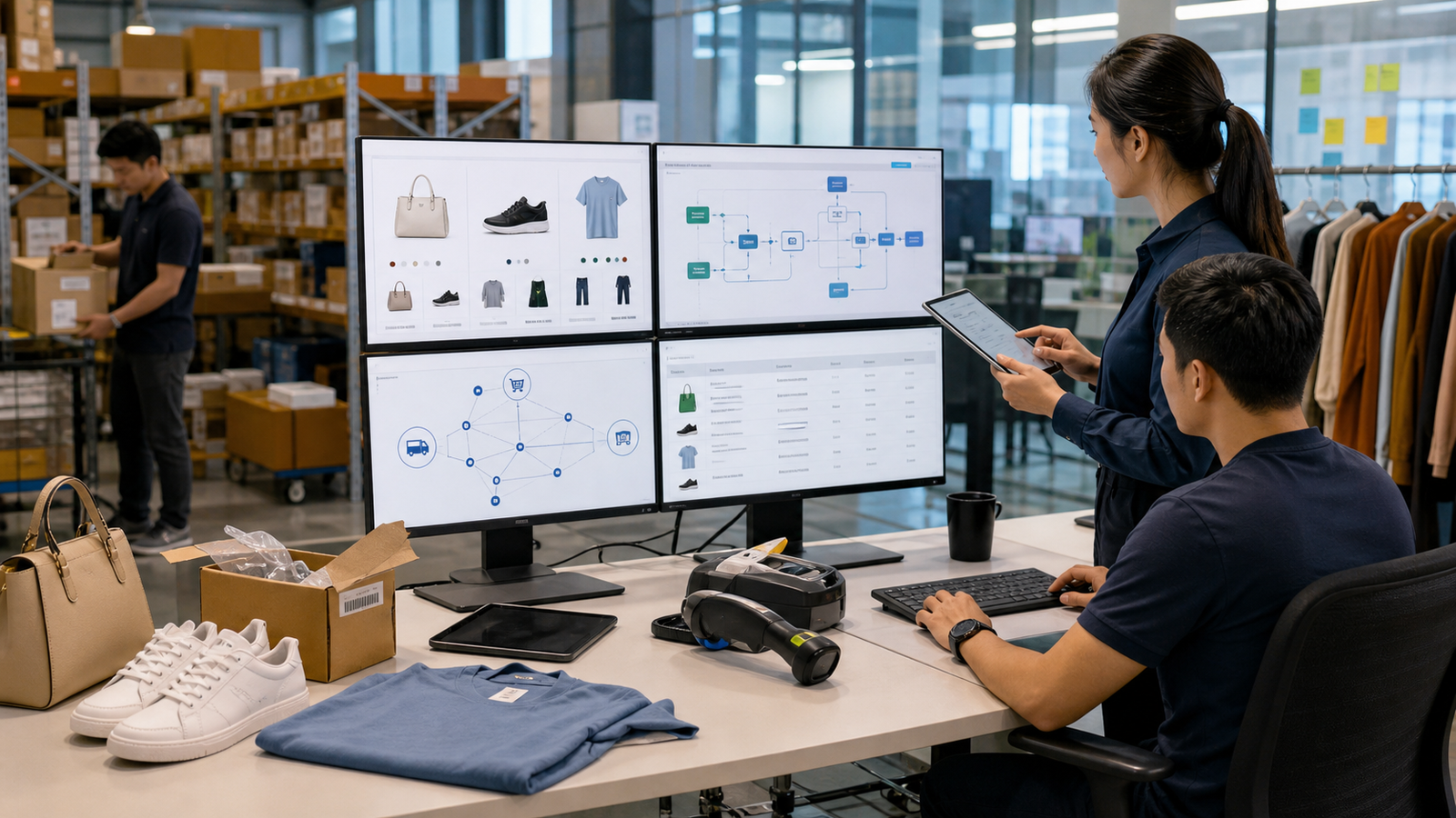 A Southeast Asian commerce team coordinates online orders, warehouse inventory and performance data across connected screens.