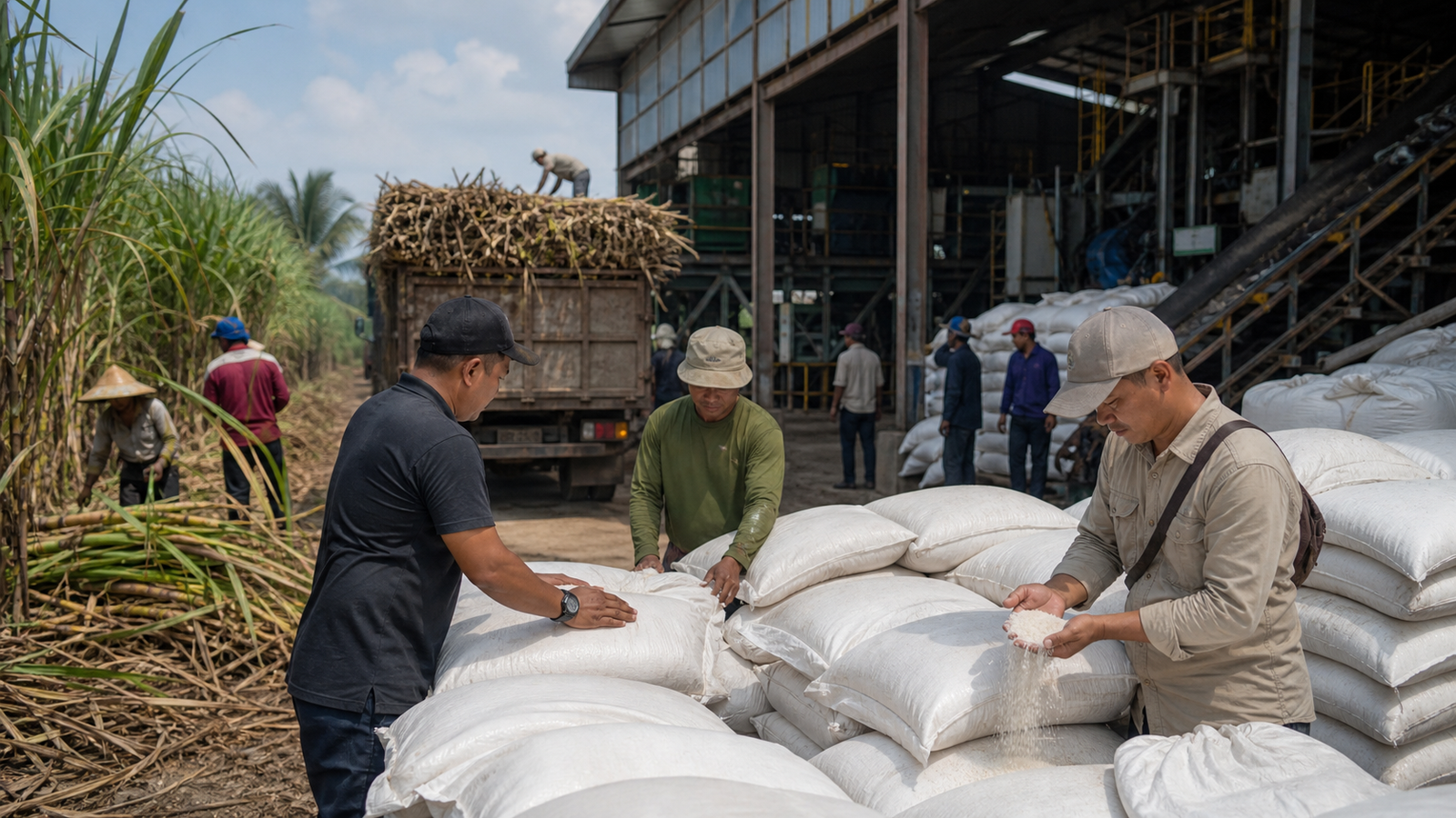 Workers inspect sugar beside harvested cane and an Indonesian processing mill.