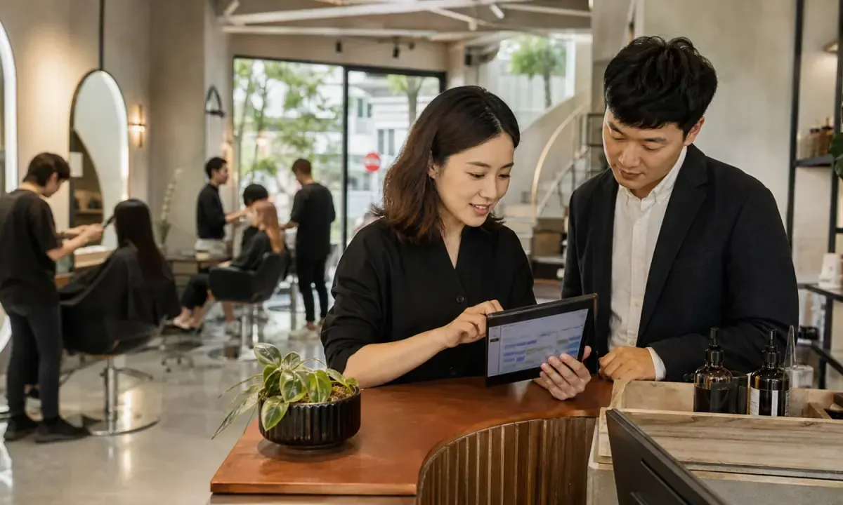 A salon manager and business counterpart review the digital appointment workflow inside an operating beauty salon.