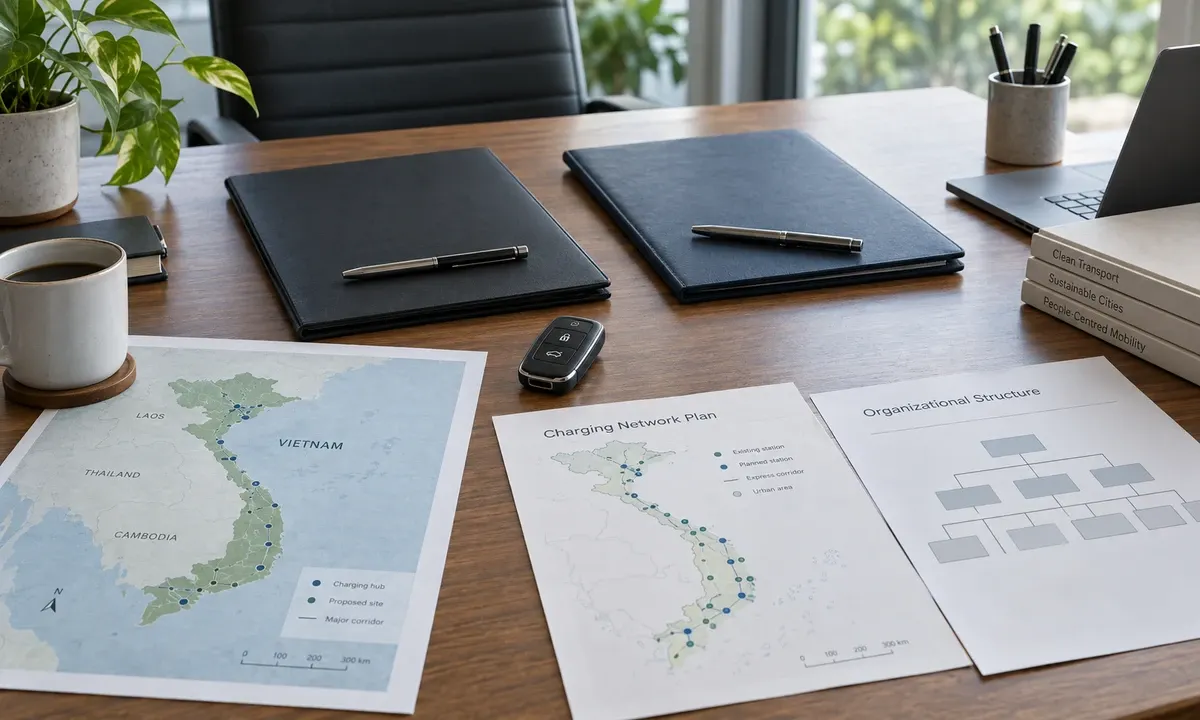 Corporate mobility planning desk with Vietnam maps, two executive folders, a vehicle key and an organisational chart.