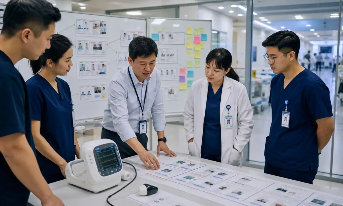 Clinicians and healthcare-technology operators in a hospital innovation setting.