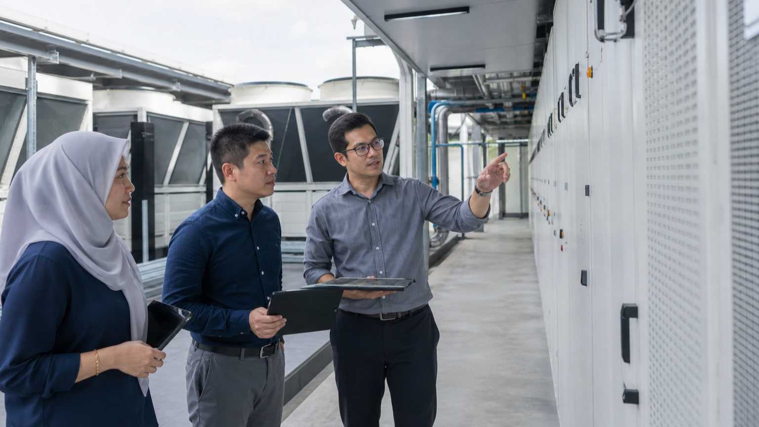 Engineers inspect power and cooling infrastructure at a Malaysian industrial technology facility.