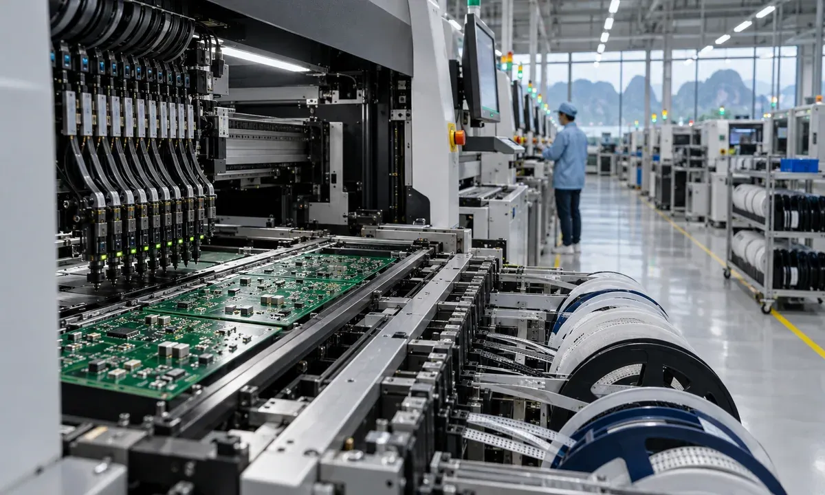 An automated surface-mount electronics line places components on circuit boards in a modern factory.