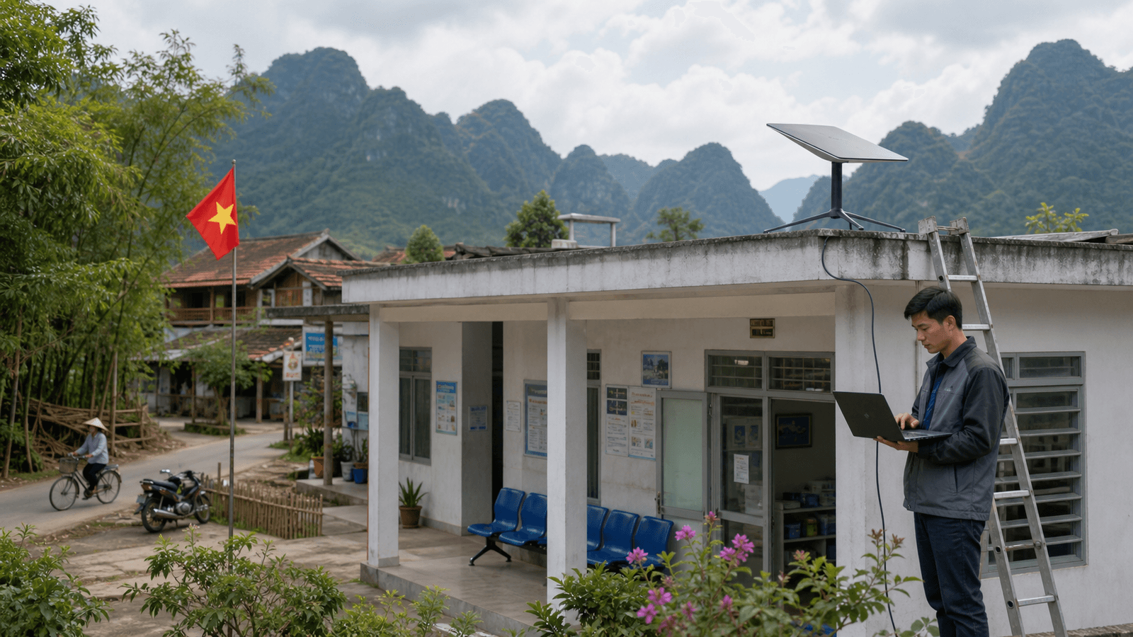 A rural Vietnamese clinic uses a rooftop satellite terminal while a technician checks the connection.