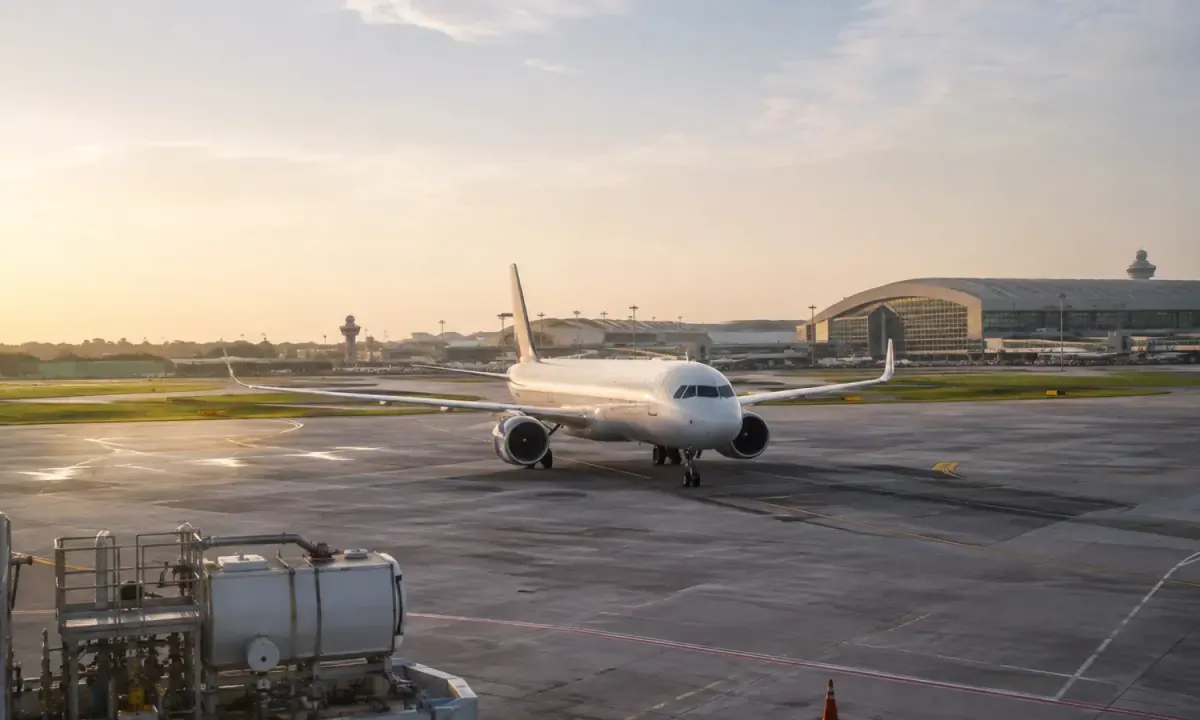 Illustrative view of an aircraft at an unbranded airport apron in Singapore
