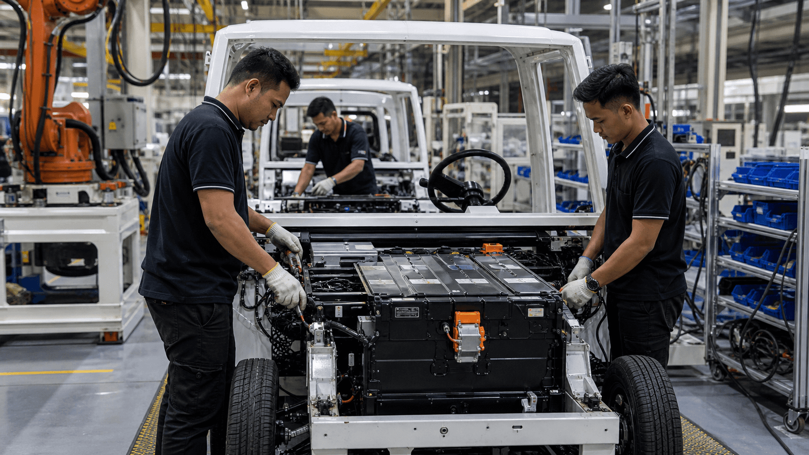 Editorial raster image of electric vehicle assembly linked to industrial policy.