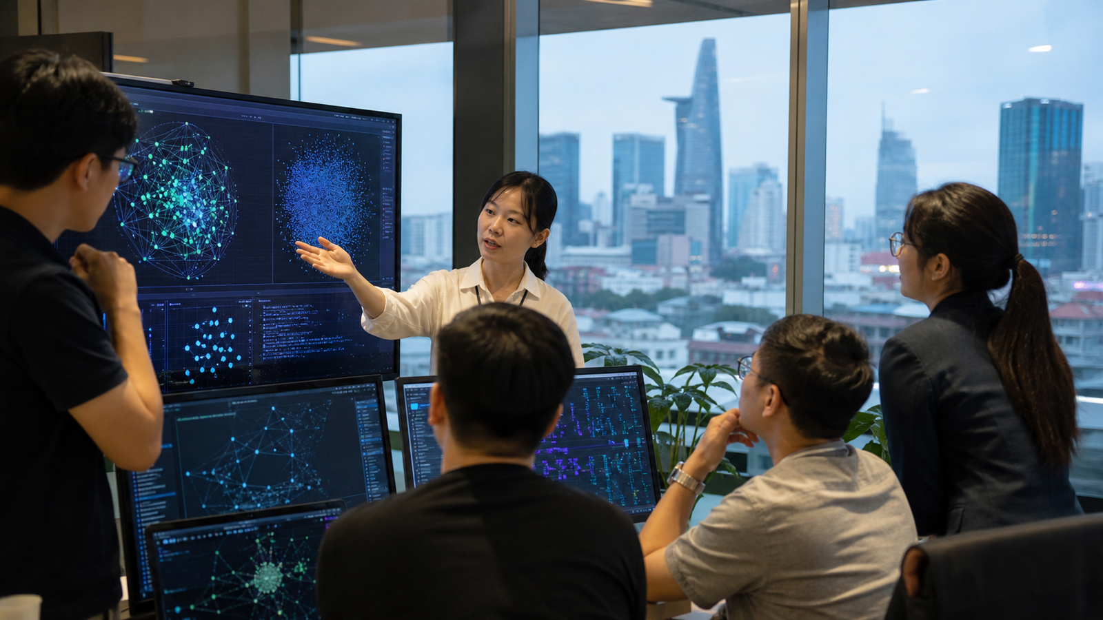 Vietnamese technology professionals reviewing AI and secure digital-ledger models in Ho Chi Minh City