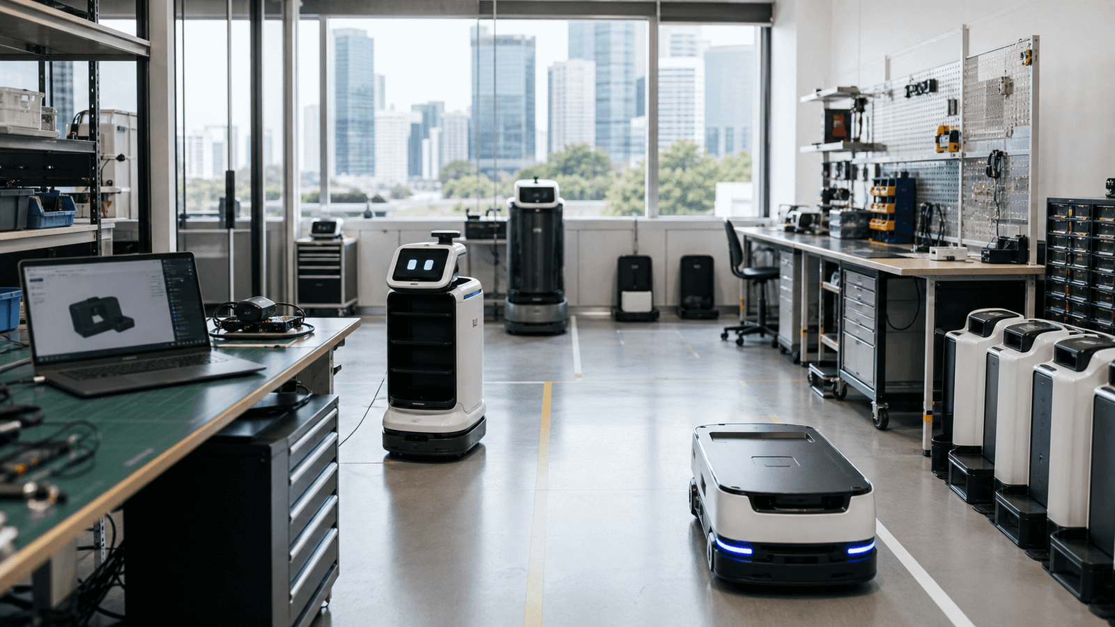 Compact service robots in a Singapore robotics test workspace.