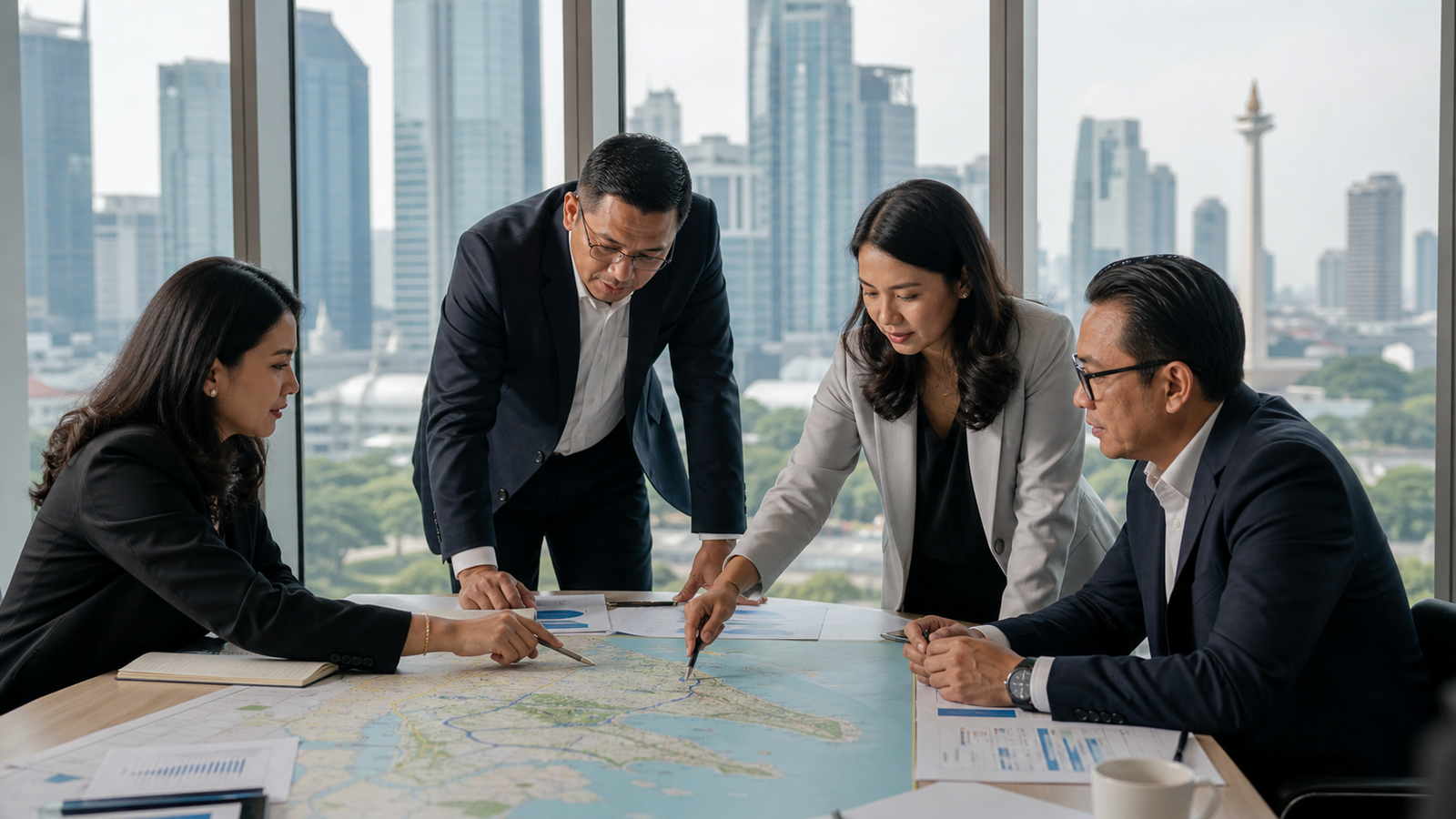 Indonesian finance professionals reviewing a Jakarta and Bali financial centre plan