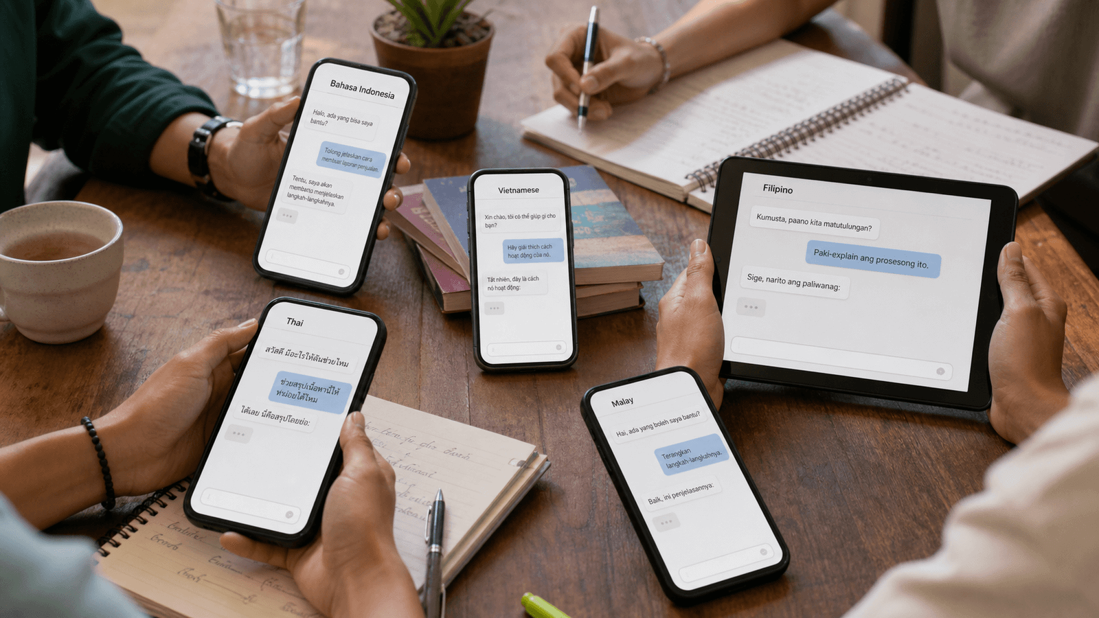 Mobile AI interfaces shown with Southeast Asian language prompts in a working and learning context.