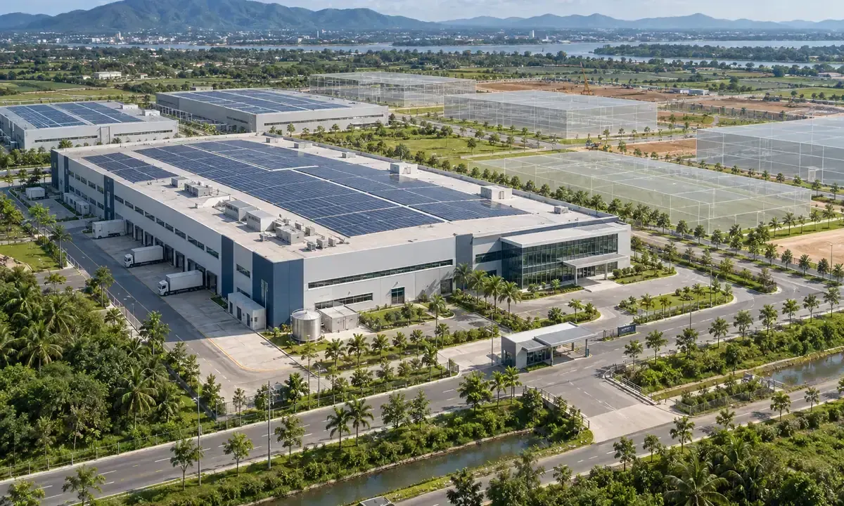 Conceptual future electronics manufacturing campus in Vietnam with rooftop solar panels.