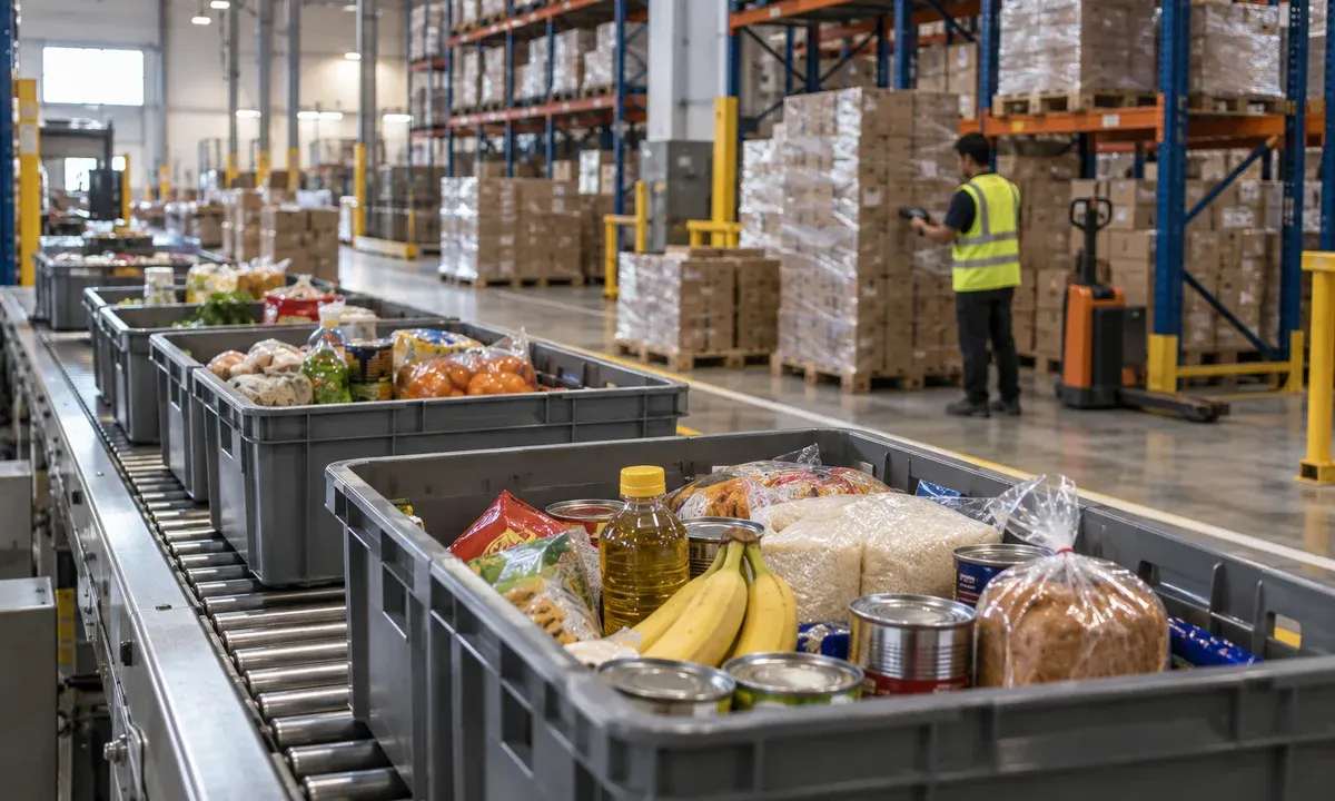 Illustrative grocery totes moving through a distribution centre while a worker uses a handheld scanner.